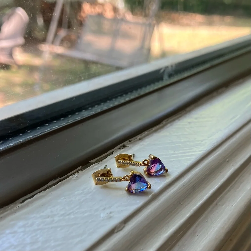 Small blue/pink/purple CZ heart drop earrings (originally $30 on Etsy) - Picture 2 of 6